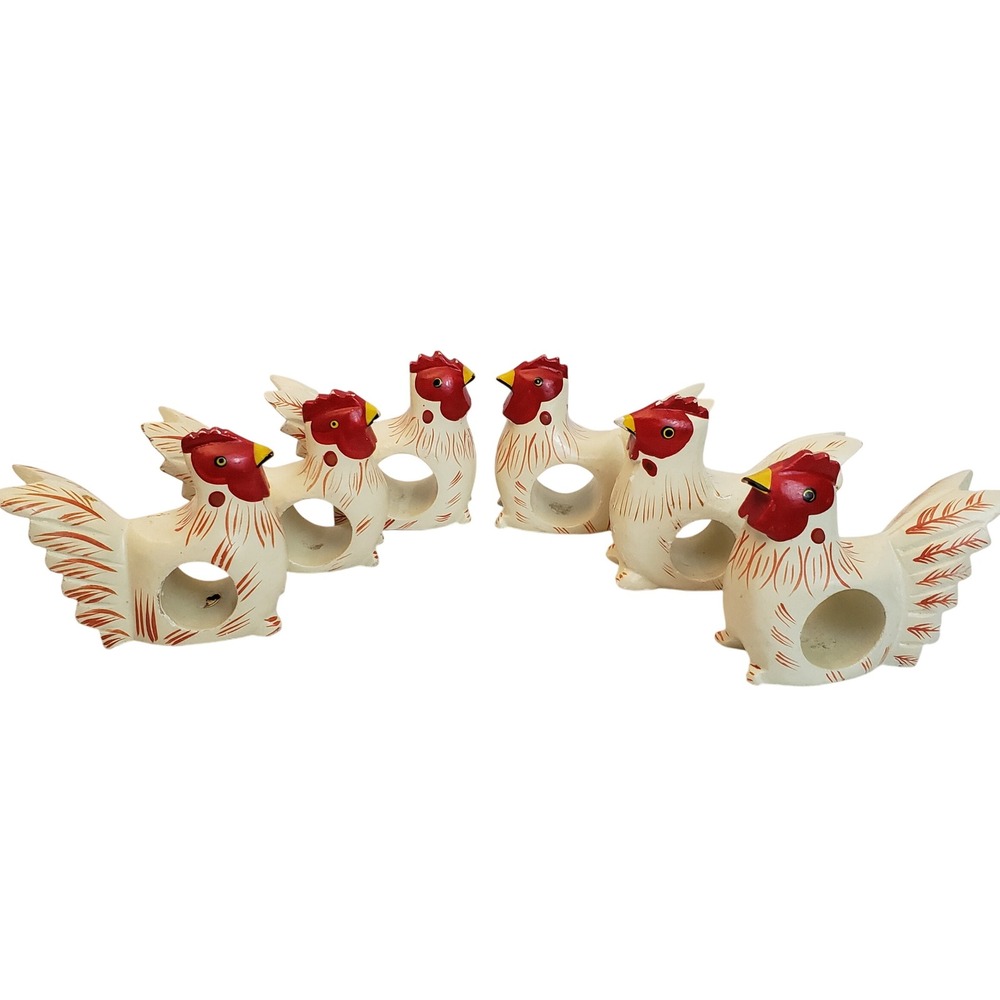 VTG Set 6 Chicken Napkin‎ Rings Farmhouse Cottage Wood Folk Art Hand Painted